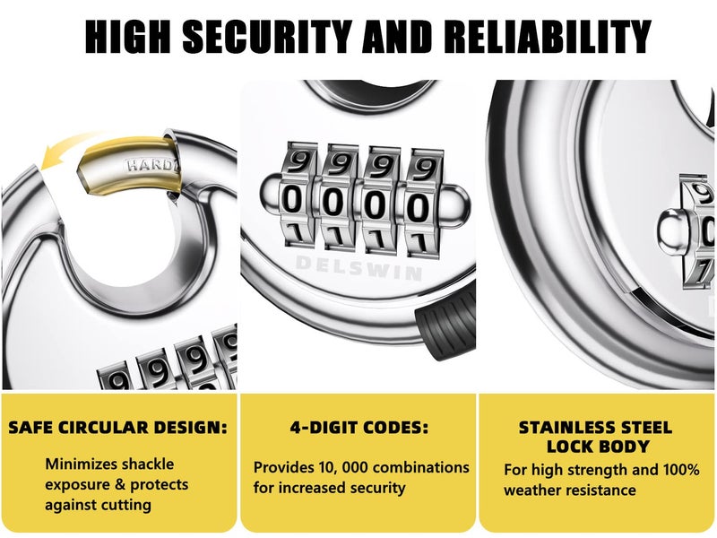 DELSWIN 4 Digit Combination Lock with Hardened Steel Shackle Combo Padlock for Sheds,Gym Locker,Storage Unit,Gate and Fence (1 Pcs) - Image 4
